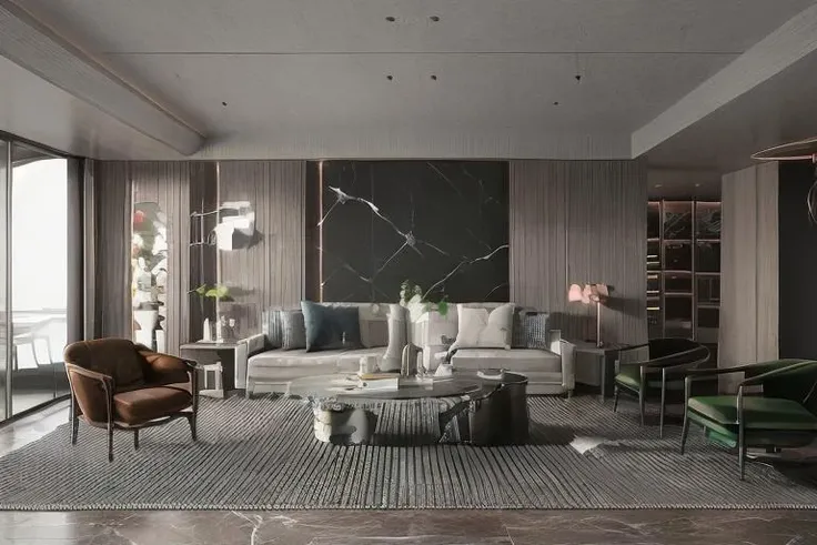 a living room with a couch, chair, coffee table and a rug on the floor and a window, muted colors, a 3D render, light and space,modern style, perfect lighting, Marble elements in the background