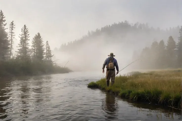 14. A fly fisherman wading through a fog-covered river in the heart of Montana. Absurd photo,