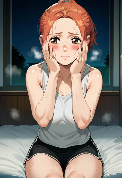 score_9_up, score_8_up, score_7_up, <lora:DASV2:0.8>, drity anime style, 1girl, brown eyes, freckles, ginger hair, short hair, ponytail, medium breasts, sweat, sweatdrop, steaming body BREAK white tank top, sport shorts, <lora:Risa_Koizumi_SDXL:0.6>, in bed, sitting, hands on face, covering face, looking away, shy, blush, soft smile, front view, solo, indoors, at night, best quality, high quality