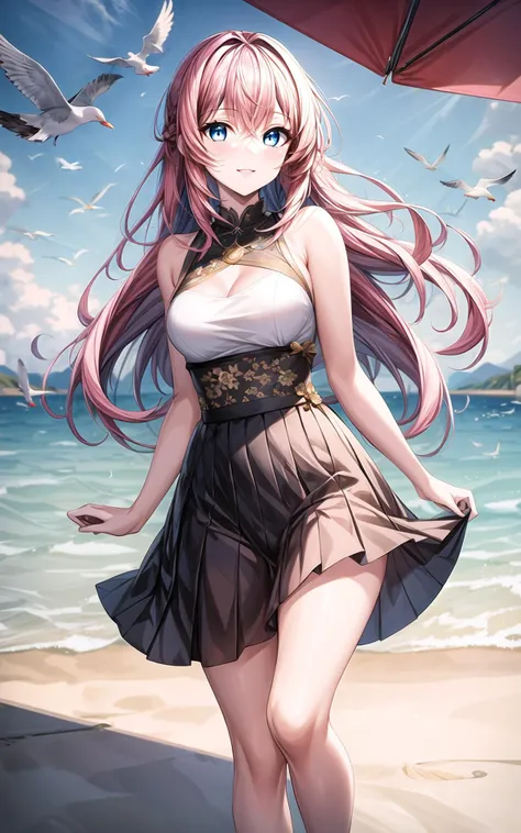 1girl\(hakaseayaka,pink hair,long hair,blue eyes,bangs\),pleated_dress,happily playing at the beach,the sand beneath her feet,(the gentle waves in the background),((seagulls flying in the distance)),a colorful beach umbrella behind her,the sunlight reflecting off the water,bright and vivid colors,soft breeze moving her hair,slight smile on her face,warm and sunny atmosphere,dynamic pose,vibrant summer scene,(masterpiece:2),(best quality:1.1),ultra highres,original,extremely detailed,perfect lighting,ultra-detailed,Cinematic Lighting,photo_(medium),<lora:hakaseayaka-base-01:0.6>,<lora:add_detail:1>,