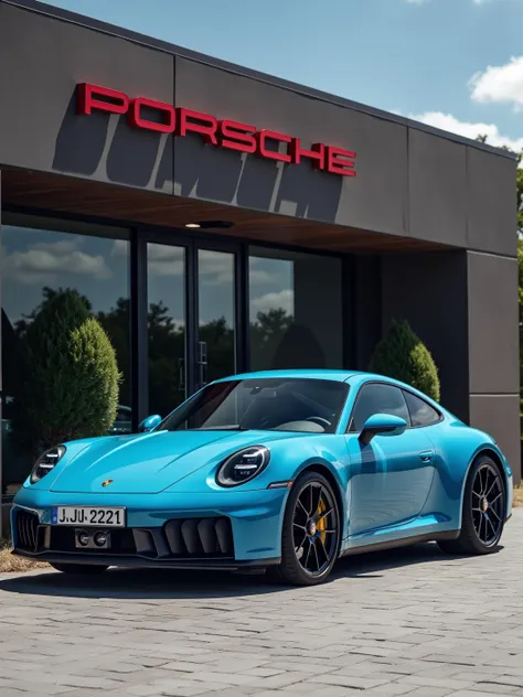 azur blue porsche 911 gts standing sideways in front of a luxury showroom, sign says "PORSCHE"