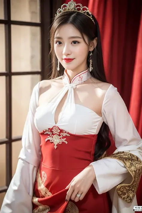 (ultra realistic 8k CG:1.2),perfect artwork,delicate pattern,intricate detail,
(unparalleled masterpiece,best quality:1.2),(extremely intricate:1.2),
(1girl,solo:1.2),woman,
a woman in a red and gold dress, Phoenix crown,hair stick,standing,Cosmetic,blush,shy,black_hair, Cosmetic,(forehead dot), chinese_clothes, curtains, earrings, hair_ornament, hanfu, jewelry, red nails, long_sleeves, red dress, red lips, tassel,wedding dress,
indoors,(Red quilt),(red palace:1.2),(ancient Chinese architecture), photorealistic,masterpiece,highres,8k,depth of field,
character concept,perfect pupils,perfect smiles