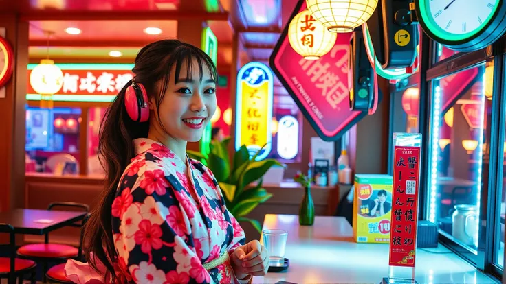 pretty young happy cyberpunk asian woman dressing a yukata in a oriental cafe with neon lights
