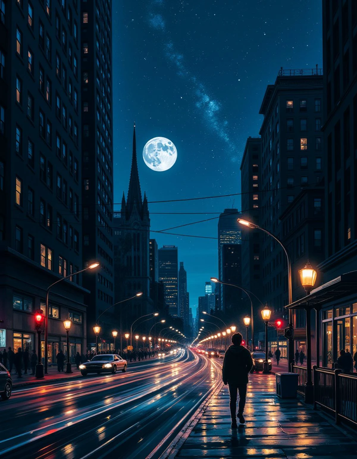 "A nocturnal vista unfold like a velvet cloak, where urbanity sleeps beneath a tapestry of twinkling stars. As moonlight glints at the top right quadrant, 'Silent Streets,' its presence calms the hustle and bustle, bestowing peace upon the city's concrete veins. On Broad Boulevard, electric currents thrum through humming power lines like ethereal serendades, harmonizing with softly pulsating traffic lights. Tall spires of buildings seem to stretch toward distant stars, while on sidewalks where water droplets mirror night sky beauty, a solo figure in darkness walks with the slow, untroubled gait, absorbed in 'midnight thoughts.' In 'a city that never sleeps,' these serenity-filled streets remind us that even amidst urban commotion lies the solace of tranquil beauty." <lora:AlenaAenamiStyle_f1:1>