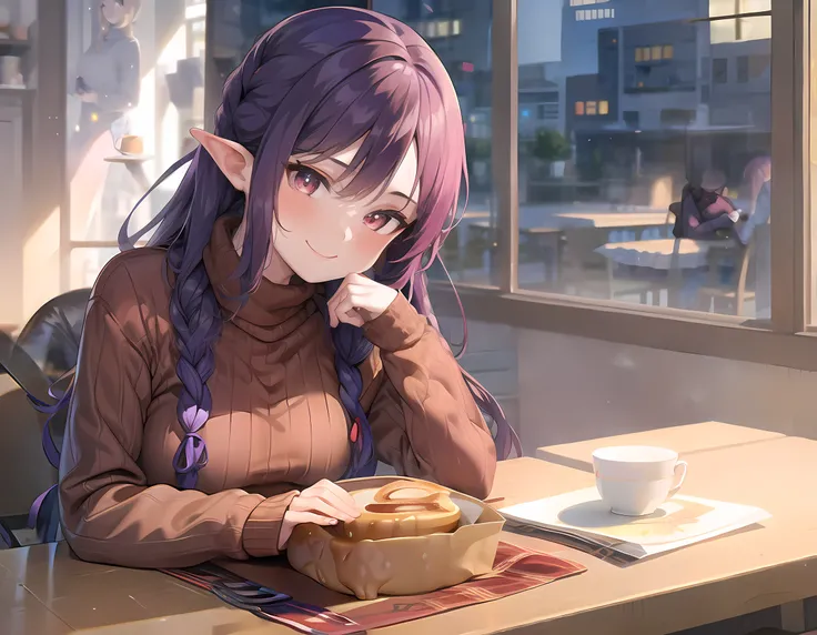masterpiece, best quality, detailed, 1girl, bangs, blurry, blurry_background, blush, braid, brown_sweater, cafe, closed_mouth, cup, depth_of_field, food, indoors, long_hair, long_sleeves, looking_at_viewer, pancake, plate, pointy_ears, purple_hair, red_eyes, restaurant, ribbed_sweater, sidelocks, sitting, smile, solo, sweater, table, teacup, turtleneck, turtleneck_sweater, twin_braids