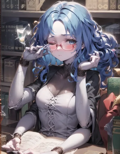 masterpiece, best quality, detailed, 1girl, adult, medium breasts, closed mouth, embarrassed, upper body, looking at viewer, sitting, library, glasses, holding book, ((playing with own hair)), (open clothes), <lora:ranni:1>