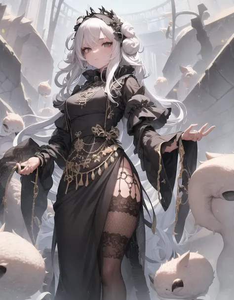 masterpiece, best quality, detailed, 1girl, Black White hair, Black eyes, Black dress, White skin, medium beasts, standing, looking at viewer, waving
