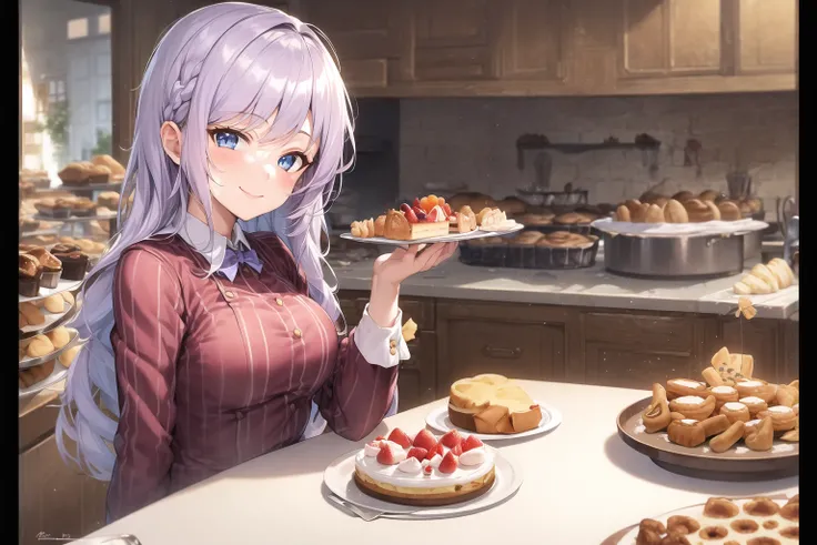 masterpiece, best quality, ((1girl, solo)), (light purple hair, long hair), blue eyes, (medium breasts), (cake pan, oven, bread basket), ((patissier uniform)), looking at viewer, smile, closed mouth, (inside bakery, kitchen, table, (cake, pastries on the table))