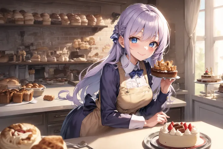 masterpiece, best quality, ((1girl, solo)), (light purple hair, long hair), blue eyes, (medium breasts), (cake pan, oven, bread basket), ((patissier uniform)), looking at viewer, smile, closed mouth, (inside bakery, kitchen, table, (cake, pastries on the table))