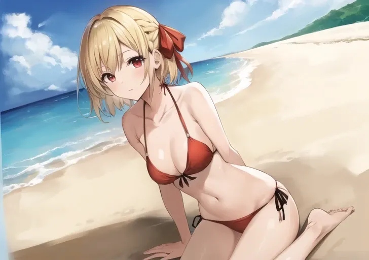 (masterpiece, best quality), wide shot, wideshot, 1girl, solo, bikini, beach, (rule of third), anime, red eyes, (very shot hair:1.3), blonde short hair, red ribbon, hair ribbon