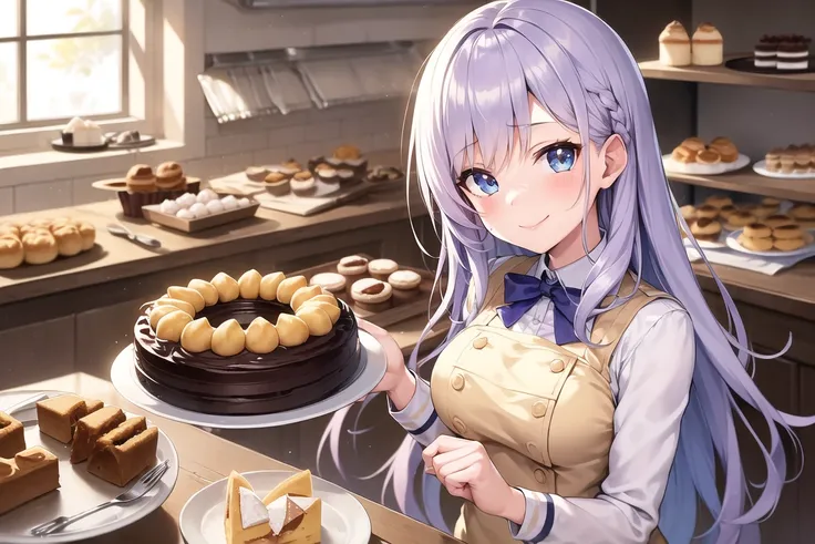 masterpiece, best quality, ((1girl, solo)), (light purple hair, long hair), blue eyes, (medium breasts), (cake pan, oven, bread basket), ((patissier uniform)), looking at viewer, smile, closed mouth, (inside bakery, kitchen, table, (cake, pastries on the table))