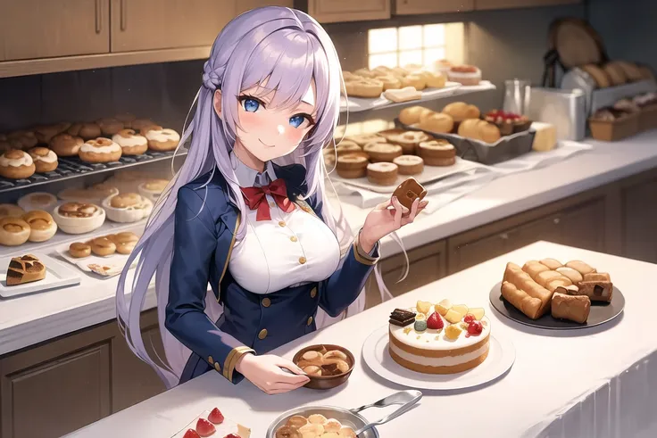 masterpiece, best quality, ((1girl, solo)), (light purple hair, long hair), blue eyes, (medium breasts), (cake pan, oven, bread basket), ((patissier uniform)), looking at viewer, smile, closed mouth, (inside bakery, kitchen, table, (cake, pastries on the table))