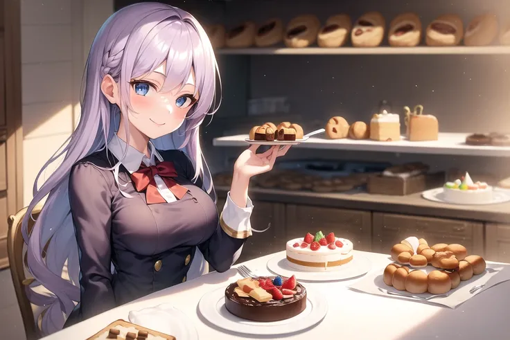 masterpiece, best quality, ((1girl, solo)), (light purple hair, long hair), blue eyes, (medium breasts), (cake pan, oven, bread basket), ((patissier uniform)), looking at viewer, smile, closed mouth, (inside bakery, kitchen, table, (cake, pastries on the table))