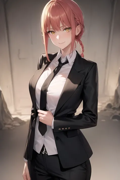 (hight quality: 1.2), (light:1.2), (gloss:0.5), ultra detailed fantasy, a detailed painting, 1girl,  bangs, corneo_makima, black_necktie, black_pants, braid, braided_ponytail, breasts, brown_hair, business_suit, collared_shirt, nsfw, assertive female, ((cleavage)), eyebrows_visible_through_hair, formal, grey_background, light_smile, long_sleeves, looking_at_viewer, makima_\(chainsaw_man\), medium_breasts, medium_hair, necktie, pants, ringed_eyes, shirt, shirt_tucked_in, simple_background, smile, solo, suit, yellow_eyes, Ultra detailed fantasy environment, [castle:cave:0.3], gyper realism,  8k, clearly worked out detail, intricate, cinematic