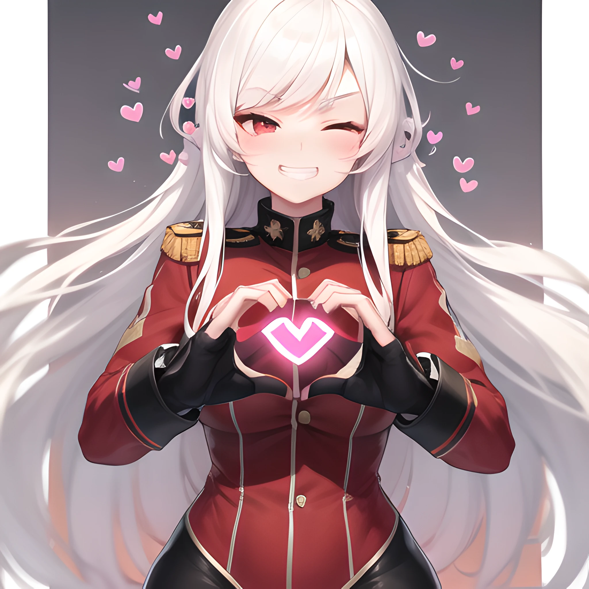 masterpiece, best quality, 1girl, bangs, blush, eyebrows_visible_through_hair, grin, half-closed_eyes, red eyes, white hair, long_hair, looking_at_viewer, wide hips, military, military_uniform, smile, smirk, ((heart shaped hands:1.4))