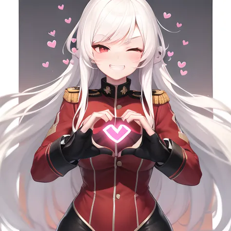 masterpiece, best quality, 1girl, bangs, blush, eyebrows_visible_through_hair, grin, half-closed_eyes, red eyes, white hair, long_hair, looking_at_viewer,  wide hips, military, military_uniform, smile, smirk, ((heart shaped hands:1.4))