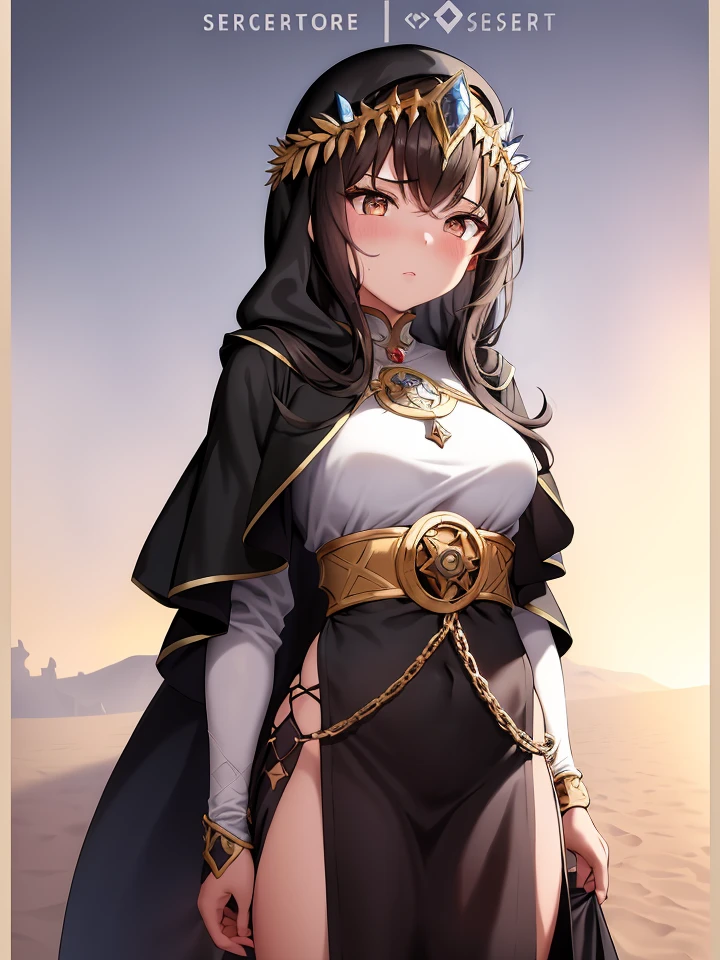 Create an anime poster for "Desert Secrets," a series set in medieval Arabia. a young and inquisitive girl, hijab,with (dark, wavy) hair and (intense, searching) brown eyes. The poster should capture the mysterious and mystical tone of the series, with elements such as (sandswept landscapes, ancient ruins, and powerful magic). The characters should be depicted as brave and determined, with girl at the center of the poster. The title should be written in bold, block letters, with the tagline, "In the heart of the desert lies a powerful secret, and one man will risk everything to uncover it.",
, masterpiece, best quality,