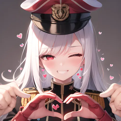 masterpiece, best quality, 1girl, bangs, blush, eyebrows_visible_through_hair, grin, half-closed_eyes, red eyes, white hair, long_hair, looking_at_viewer, military, military_uniform, smile, smirk, ((heart shaped hands:1.4))