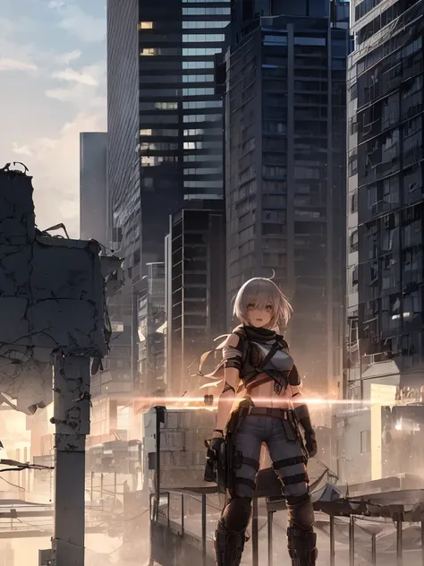 Create an anime poster for "Aftermath," a series about a young woman named Rei fighting to survive in a post-apocalyptic world. Rei is a brave and resourceful survivor with (short, choppy) white hair and (determined, piercing) eyes. The poster should capture the gritty and intense tone of the series, with elements such as (crumbling buildings, raging fires, and desperate battles). The title should be written in bold, block letters, with the tagline, "In a world without hope, one girl will fight to survive.",
cool & sexy \(idolmaster\), masterpiece, best quality,