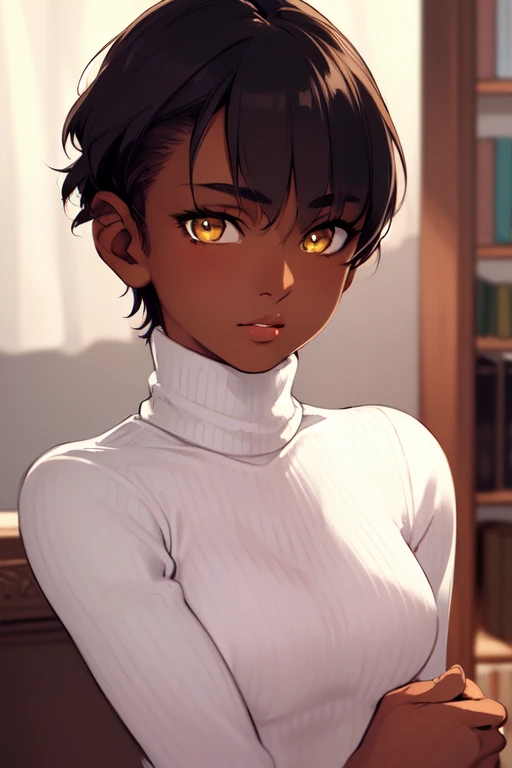 solo, best quality, masterpiece, extremely detailed CG, extremely detailed 8K wallpaper, extremely detailed character, (an extremely delicate and beautiful portrait), portrait, solo, sharp focus, dark skinned tomboy girl with (((sides shaved))) head, black hair, yellow eyes, detailed close-up portrait, (((white turtleneck sweater))), room, bookshelf