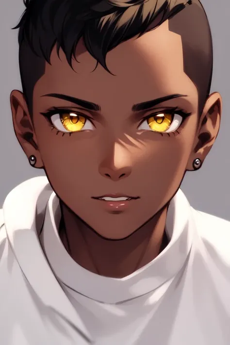 close-up of a dark skinned tomboy girl with (sides shaved) head, black hair, yellow eyes, detailed close-up portrait