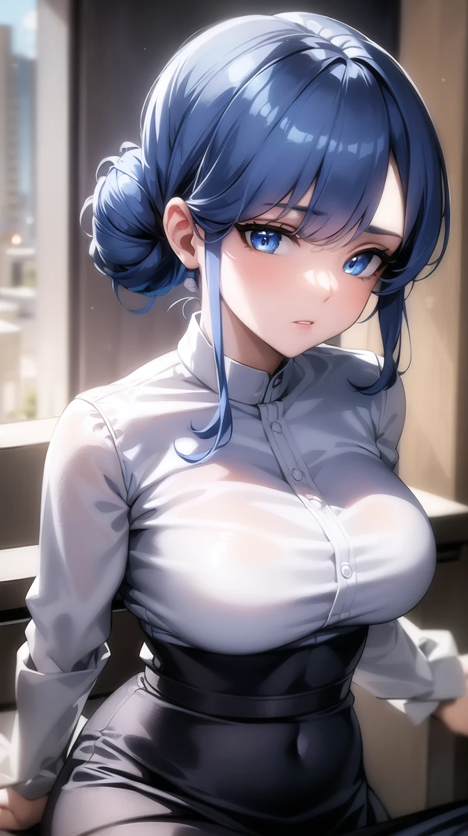 ((masterpiece)),(best quality),(detailed),(1girl), blue hair, blue glowing eyes, Updo, white shirt, black skirt, looking down on the viewer