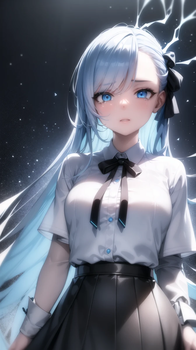 ((masterpiece)),(best quality),(detailed),(1girl), (inside data stream) light blue and blue gradient hair, light blue glowing eyes, straight hair, wearing a modern white shirt and black skirt, crying, covered in data particles, chained to neck