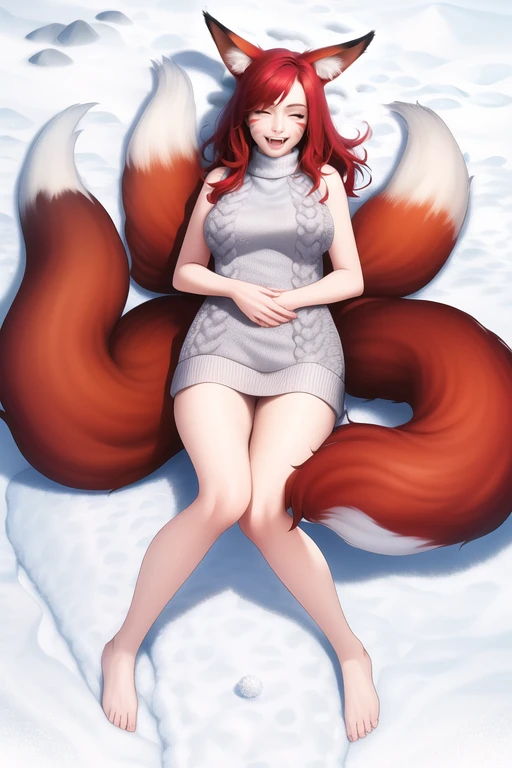 outdoors, sunlight, 1girl, (red hair), fox ears, whisker markings, happy, closed eyes, fangs, aran sweater, lying, on back, snow, realistic, masterpiece, best quality, highres