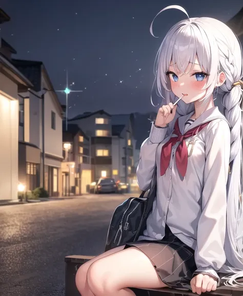 ((masterpiece)),(best quality),(detailed),(1girl), (4k), elaina_\(majo_no_tabitabi\), white hair, long hair, right side braid, ahoge, blue eyes, ((adorable)), (cute,) :d, (blush), school uniform, on road, houses, street light, night, ((sparkle)), cigarette, holding cigarette, smoke, sitting