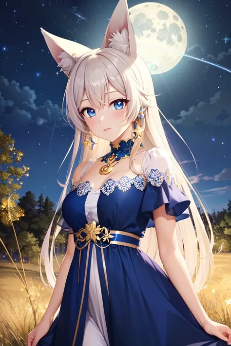 mystical meadow, starry night sky, full moon, soft moonlight, glittering fireflies, tall grass, dreamy atmosphere, highly detailed, masterpiece, best quality, beautiful neko girl, fox ears, shimmering tassels on her ears, piercing blue eyes, dressed in a mystical moon dress, a halo of fireflies around her, magical energy, captivating aura