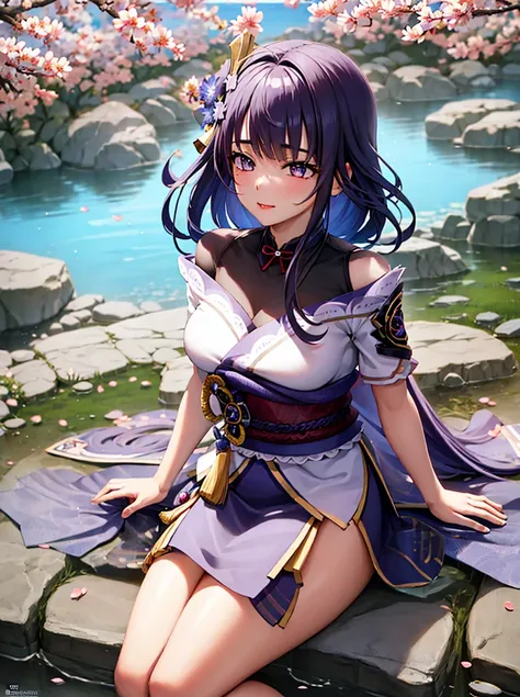 1woman, sitting under sakura tree, blue sky, sakura petals, cinematic light, finely detailed face, portrait, Best quality, masterpiece, full body, natural color, solo, soft lighting, raiden \(genshin impact\), shrug \(clothing\), <lora:raidenShogunLora_raidenShogun:1>, <lora:japaneseDollLikeness_v10:0.3>