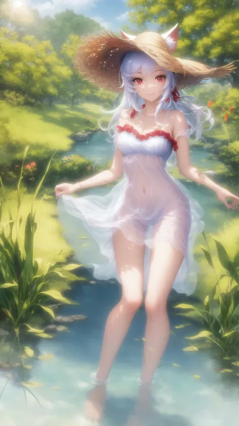 masterpiece, best quality, 1girl, full body, bathing, river, reeds, lens flare, shade, bloom, light smile, medium hair, white hair, red eyes, cat ears, small breasts,summer dress, hat