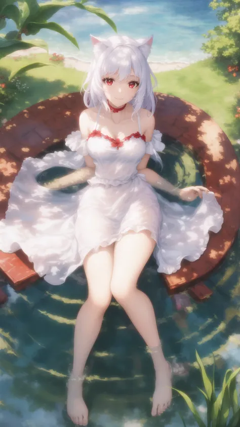 masterpiece, best quality, 1girl, full body, bathing, river, reeds, lens flare, shade, bloom, light smile, medium hair, white hair, red eyes, cat ears, small breasts,summer dress