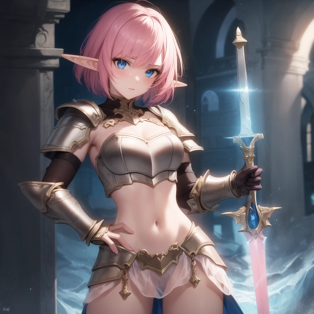 (masterpiece:1.2), (best quality:1.2), detailed, elf girl in armor, pink hair, mature, bobcut, blue eyes, midriff, holding a magic sword