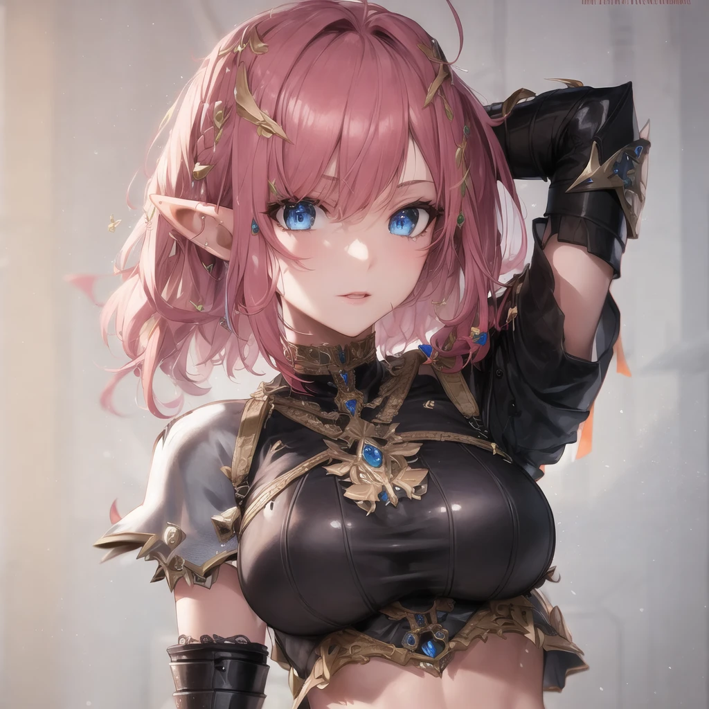 masterpiece, best quality, detailed, 1girl elf wearing metal armored dress, pink hair, mature, bobcut, blue eyes, midriff, adjusting_hair