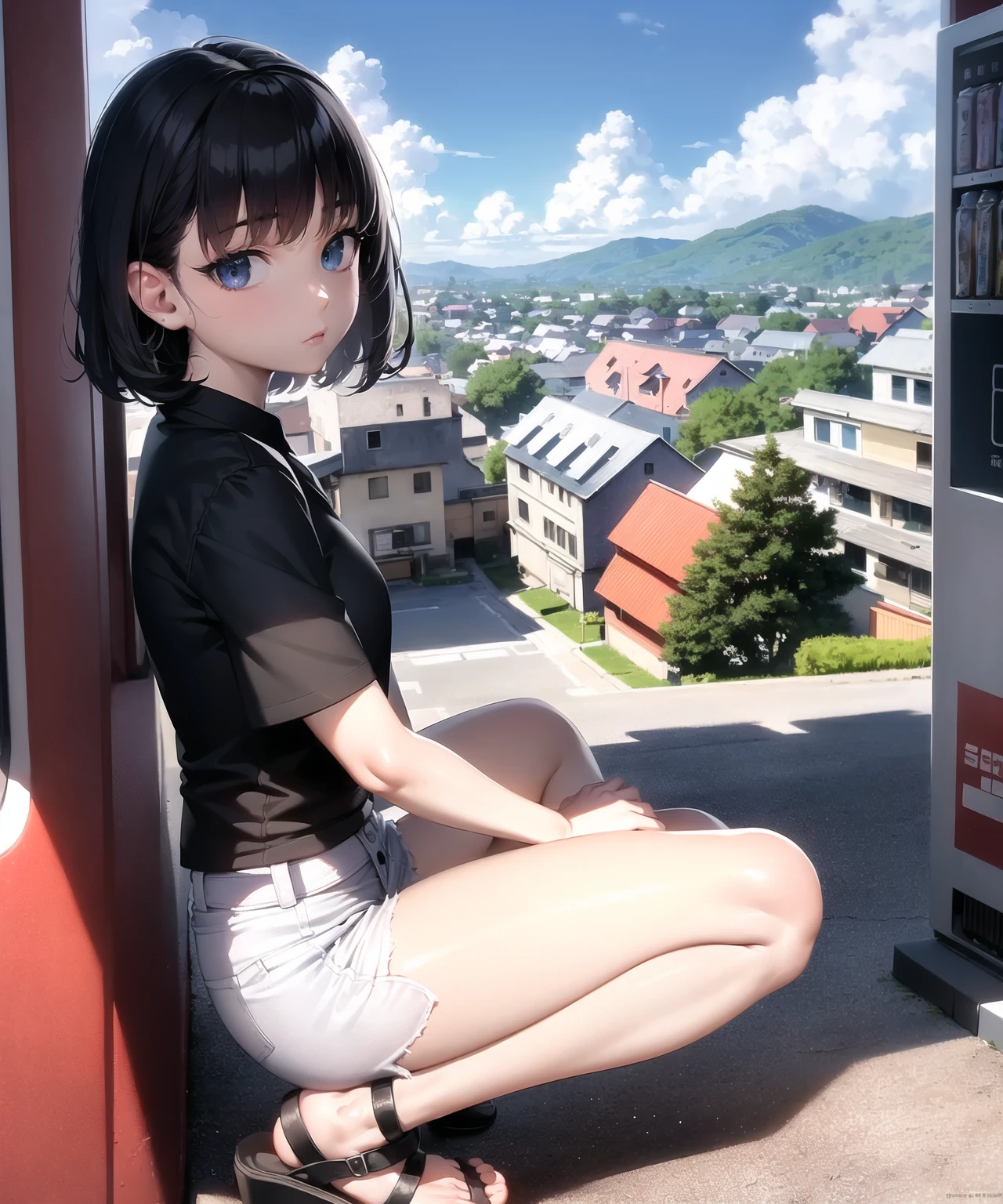 (8k, best quality, masterpiece:1.2), (realistic, photo-realistic:1.37), ultra-detailed, 1 girl, solo, ((unkempt hair)), short hair, bob hair, black hair, (long face), small breast, skinny, yo, small body, short body, teenage,
((big eyes)), black and brown pupils, sleepy eyes, eye bags, panda (eyes), helpless eye, depressed eye, dark area around eyes,
((under the shadow)), ((lean on vending machine))
(black shirt ) with band, shirt, short sleeves, loose collar, wear (undershirt),
((look at the ground)), (head down:0.8), closed mouth, expressionless, ((look down)),
((white shorts:0.8 (bottom))), thigh light,
(light from behind)
sluggish hand, ((sandal)), ((from side above)),
squat, ((knee in front of chest :1.2)), canned drink (small), closed knees,
vending machine background, outdoors, big ((red vending machine)), red vending machine, (detailed residential area houses:1.3) behind, (detailed beautiful sky:1.5), (clouds:1.4), (uphill alley behind:1.2), ((alley road)),
close lens, road signs