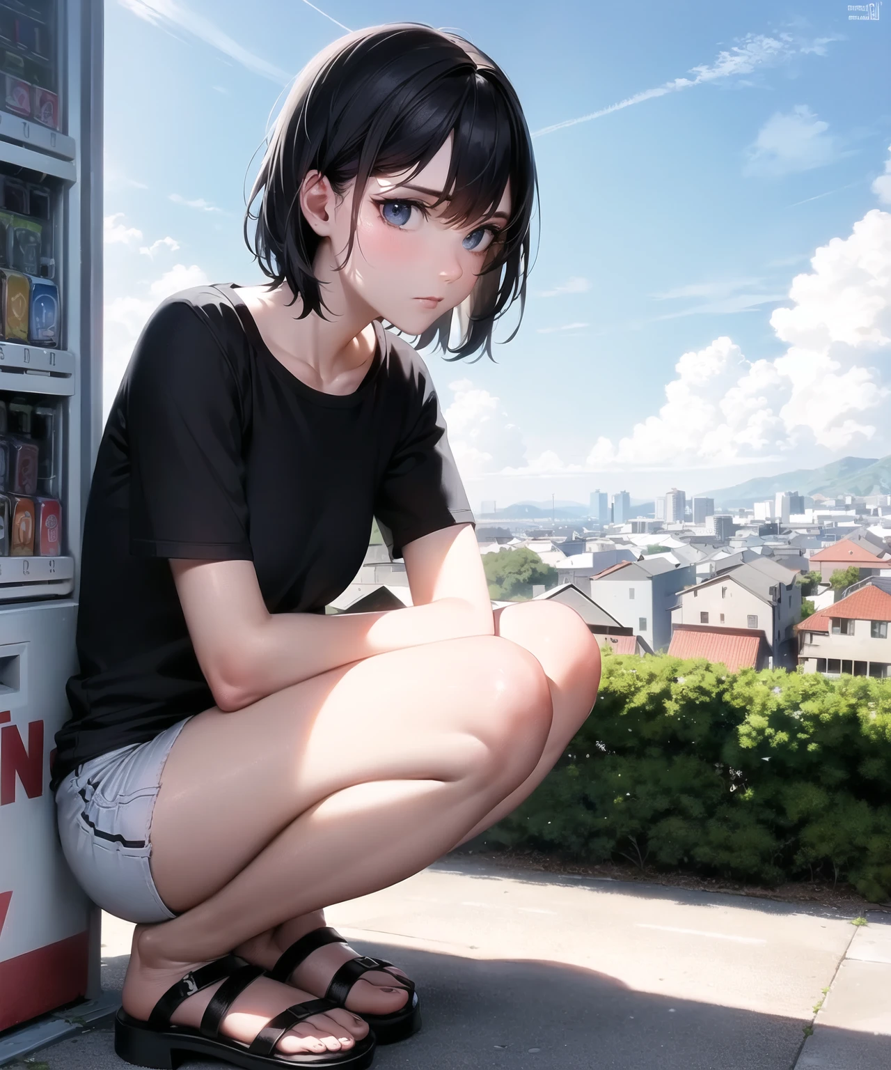 (8k, best quality, masterpiece:1.2), (realistic, photo-realistic:1.37), ultra-detailed, 1 girl, solo, ((unkempt hair)), short hair, bob hair, black hair, (long face), small breast, skinny, yo, small body, short body, teenage,
((big eyes)), black and brown pupils, sleepy eyes, eye bags, panda (eyes), helpless eye, depressed eye, dark area around eyes,
((under the shadow)), ((lean on vending machine))
(black shirt ) with band, shirt, short sleeves, loose collar, wear (undershirt),
((look at the ground)), (head down:0.8), closed mouth, expressionless, ((look down)),
((white shorts:0.8 (bottom))), thigh light,
(light from behind)
sluggish hand, ((sandal)), ((from side above)),
squat, ((knee in front of chest :1.2)), canned drink (small), closed knees,
vending machine background, outdoors, big ((red vending machine)), red vending machine, (detailed residential area houses:1.3) behind, (detailed beautiful sky:1.5), (clouds:1.4), (uphill alley behind:1.2), ((alley road)),
close lens, road signs