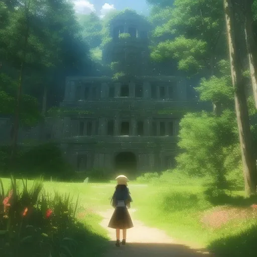 masterpiece, anime style, (anime screencap), best quality, professional lighting, best illumination, (1girl), explorer outfit, sunny, ancient ruins, vegetation overgrowth, eroded structures, artistic, lens flare, bloom, bokeh, fantasy setting, canyons, tall grass, trees, exotic plants, tropical, flowers,