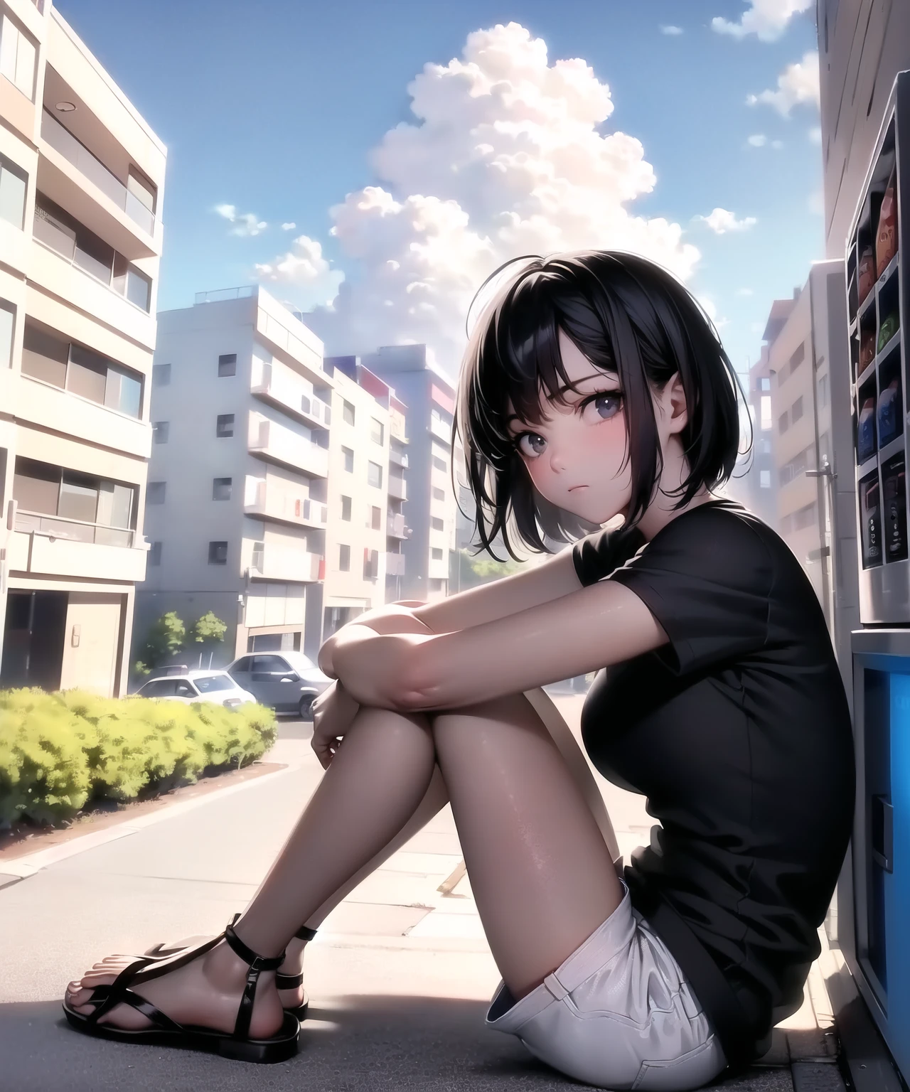 (8k, best quality, masterpiece:1.2), (realistic, photo-realistic:1.37), ultra-detailed, 1 girl, solo, ((unkempt hair)), short hair, bob hair, black hair, (long face), small breast, skinny, yo, small body, short body, teenage,
((big eyes)), black and brown pupils, sleepy eyes, eye bags, panda (eyes), helpless eye, depressed eye, dark area around eyes,
((under the shadow)), ((lean on vending machine))
(black shirt ) with band, shirt, short sleeves, loose collar, wear (undershirt),
((look at the ground)), (head down:0.8), closed mouth, expressionless, ((look down)),
((white shorts:0.8 (bottom))), thigh light,
(light from behind)
sluggish hand, ((sandal)), ((from side above)),
squat, ((knee in front of chest :1.2)), canned drink (small), closed knees,
vending machine background, outdoors, big ((red vending machine)), red vending machine, (detailed residential area houses:1.3) behind, (detailed beautiful sky:1.5), (clouds:1.4), (uphill alley behind:1.2), ((alley road)),
close lens, road signs