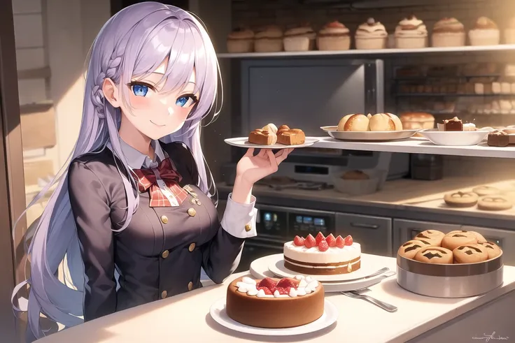 masterpiece, best quality, ((1girl, solo)), (light purple hair, long hair), blue eyes, (medium breasts), (cake pan, oven, bread basket), ((patissier uniform)), looking at viewer, smile, closed mouth, (inside bakery, kitchen, table, (cake, pastries on the table))