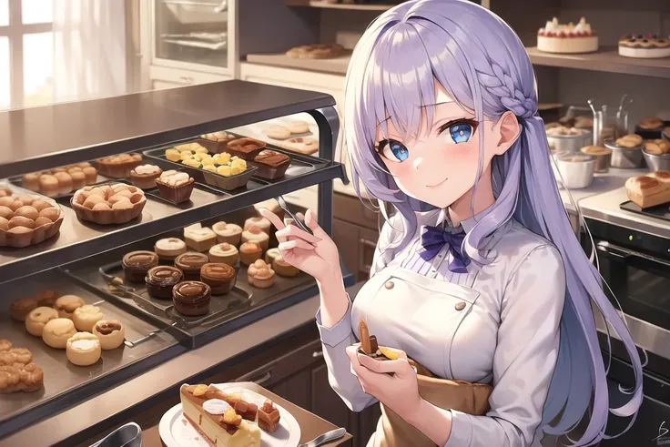 masterpiece, best quality, ((1girl, solo)), (light purple hair, long hair), blue eyes, (medium breasts), (cake pan, oven, bread basket), ((patissier uniform)), looking at viewer, smile, closed mouth, (inside bakery, kitchen, table, (cake, pastries on the table))