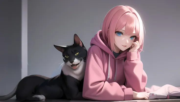 masterpiece, best quality, detailed, 1girl wearing stuffy hoody, pink hair, mature, bobcut, blue eyes, midriff, adjusting_hair, petting a cat, stroking an orange cat