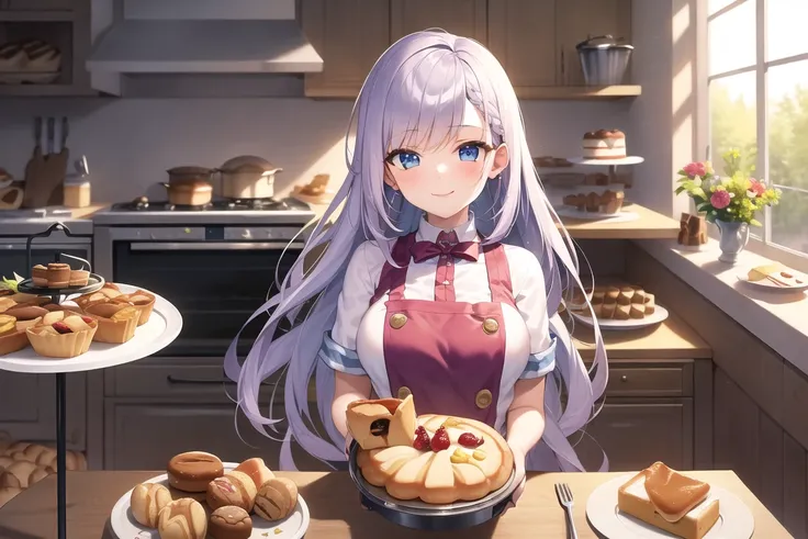 masterpiece, best quality, ((1girl, solo)), (light purple hair, long hair), blue eyes, (medium breasts), (cake pan, oven, bread basket), ((patissier uniform)), looking at viewer, smile, closed mouth, (inside bakery, kitchen, table, (cake, pastries on the table))