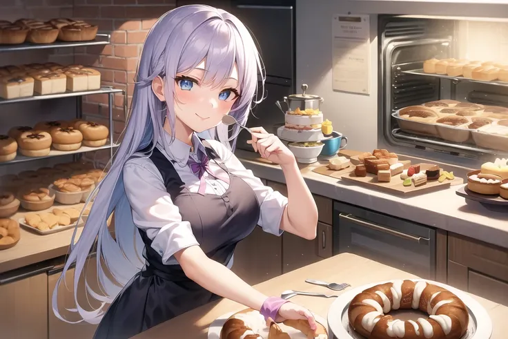 masterpiece, best quality, ((1girl, solo)), (light purple hair, long hair), blue eyes, (medium breasts), (cake pan, oven, bread basket), ((patissier uniform)), looking at viewer, smile, closed mouth, (inside bakery, kitchen, table, (cake, pastries on the table))