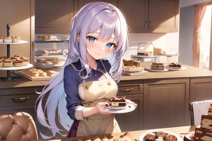 masterpiece, best quality, ((1girl, solo)), (light purple hair, long hair), blue eyes, (medium breasts), (cake pan, oven, bread basket), ((patissier uniform)), looking at viewer, smile, closed mouth, (inside bakery, kitchen, table, (cake, pastries on the table))