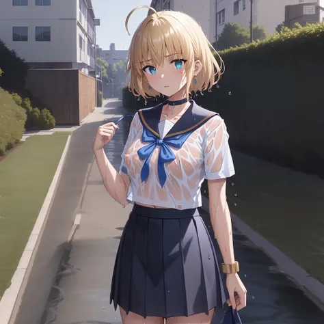 best quality, masterpiece,1girl, bangs,black_choker, blonde_hair, blue_sailor_collar, blue_skirt, bush, choker, collarbone, earrings, flower, jewelry,  outdoors,  rainy days,pleated_skirt, road, sailor_collar, school_uniform, serafuku, shirt, short_hair, short_sleeves,  skirt,  solo, stairs,nipples,<lora:saber_v1:0.5>,ahoge, headphones, drop shadow,viewfinder,full body, 4k,8k,(wet shirt:1.4), nipple, (wet clothes:1.2),, soft focus, (retracing:1.3), professional processing, (hdr:1.2), ultradetalization