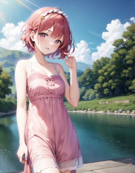 photo, masterpiece, best quality, wallpaper, 1girl, short hair, light red hair, pink eyes, hair accessories, sundress, river,