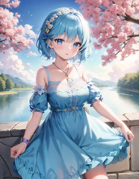 photo, masterpiece, best quality, wallpaper, 1girl, short hair, sky blue hair, sky blue eyes,  hair accessories,  sundress, river, nsfw,