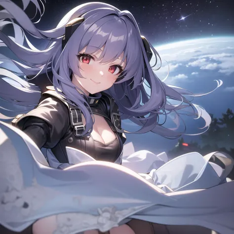 masterpiece, best quality, 1girl, solo, night sky,spacecraft, (spacesuit), upper body, from side, moon, stars, clouds, medium hair, witch, smile, red eyes, cleavage, tree, night,