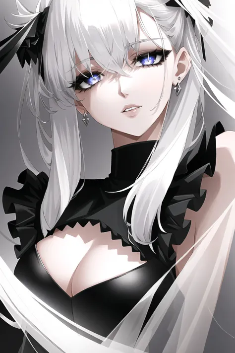 masterpiece, best quality, ((onyx theme)),(perfect onyx),(1girl),white hair, simple grey background, head tilt, albino, choker, detailed eyes, detailed face, expressive eyes, upper body, ((punk girl)), (upper body), medium breasts, mature female,